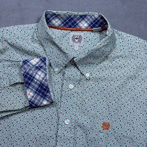 Cinch Button Shirt Mens L Turquoise Water Drop Geometric Contrast Cuffs